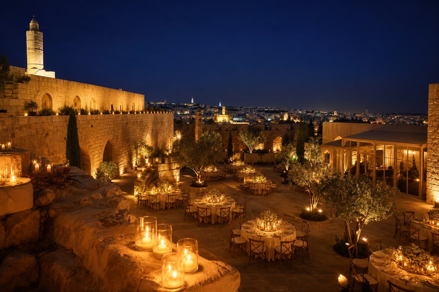 Illuminated Jerusalem event courtyard at night