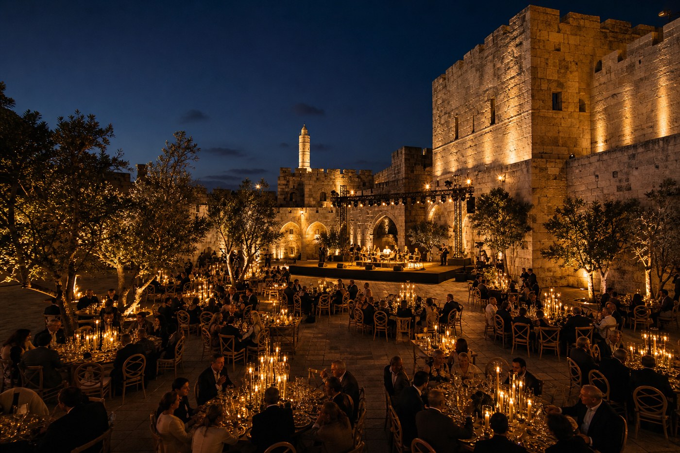 Evening event in a Jerusalem stone courtyard with candlelight and stage lighting