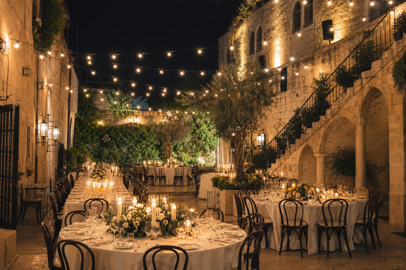 Wedding reception with string lights
