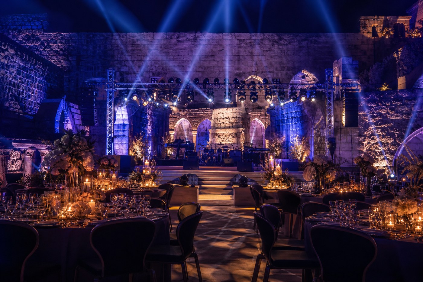 Stage lighting and sound production setup