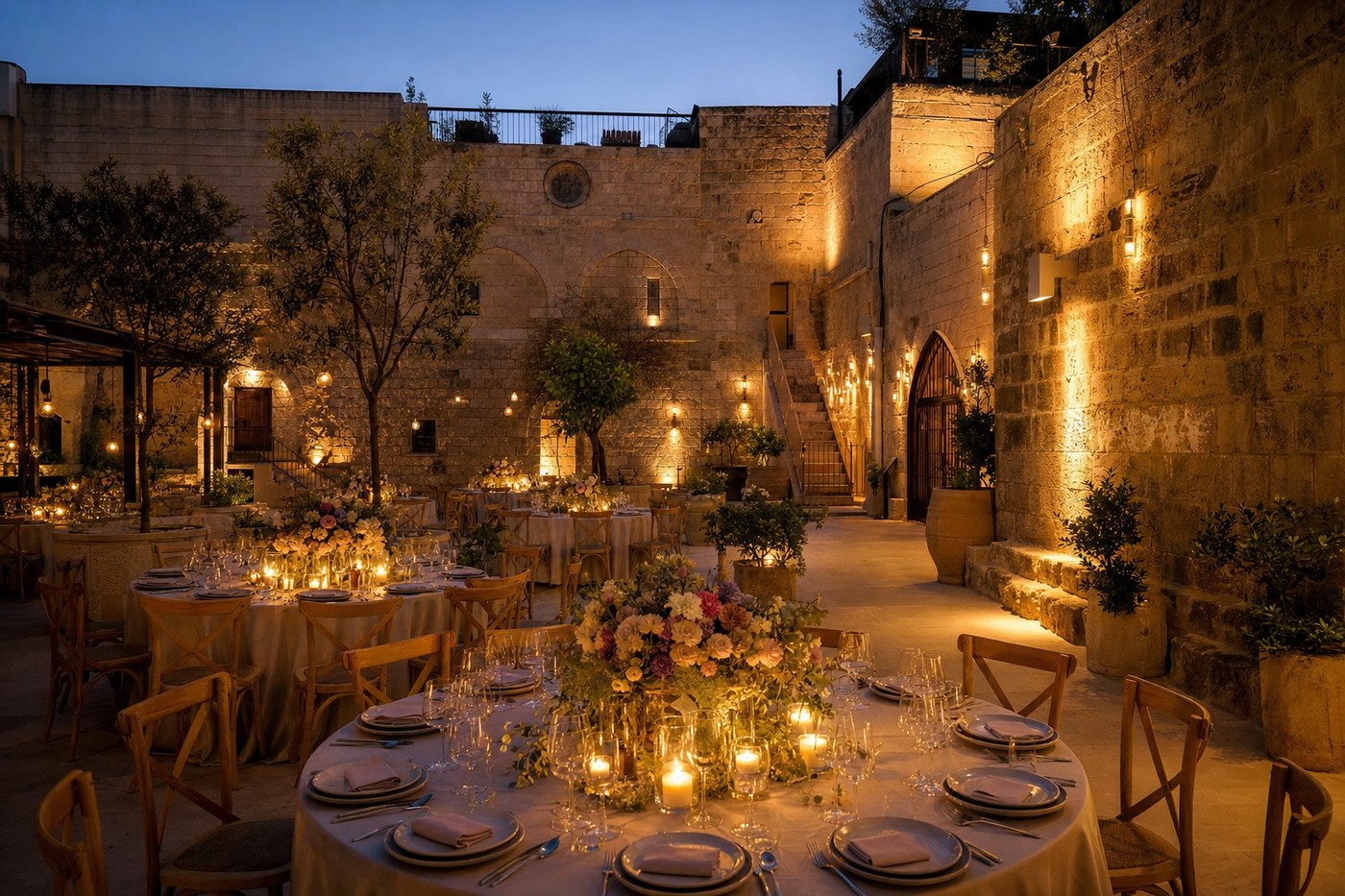 Elegant dinner setup in stone courtyard